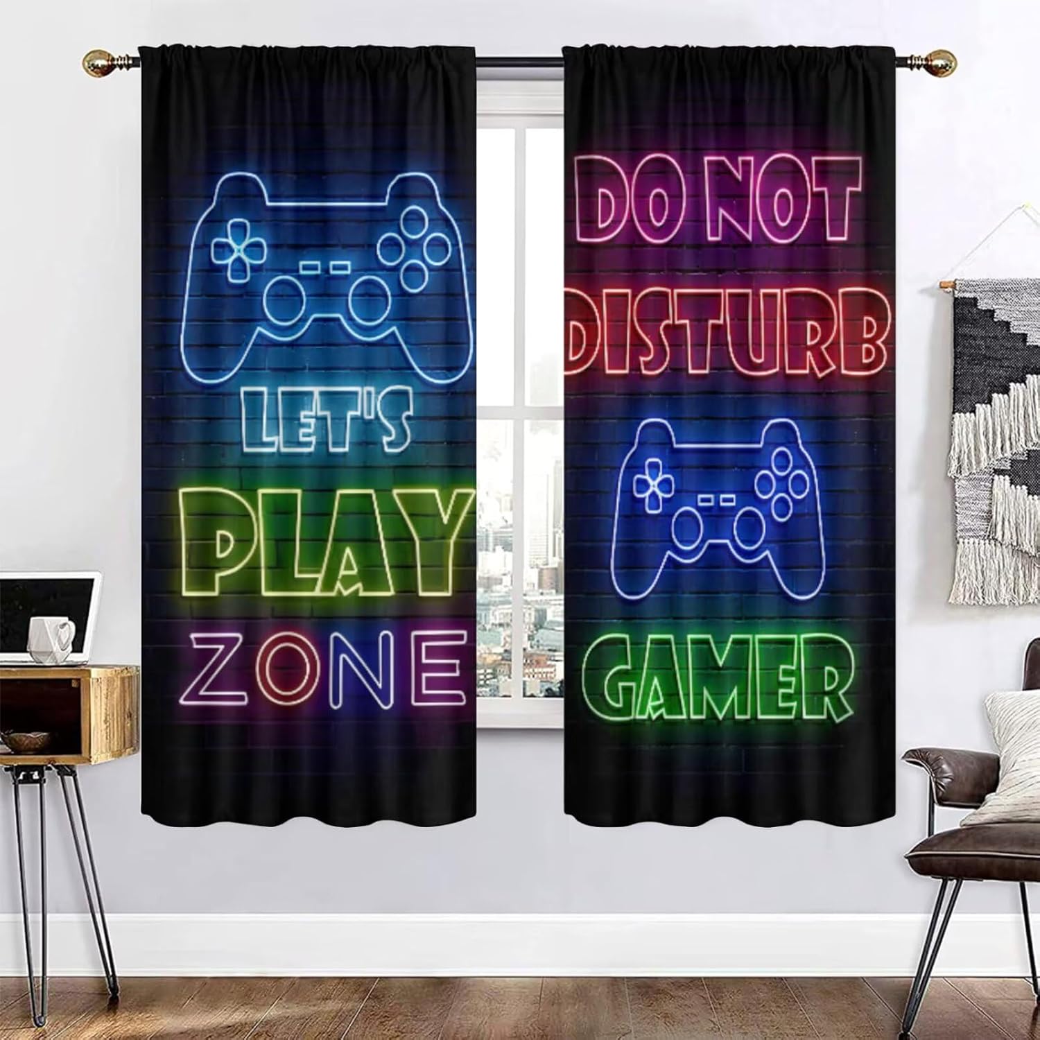 Retro Gaming Zone - ستائر غرفة الألعاب، ستائر تعتيم للنوافذ،