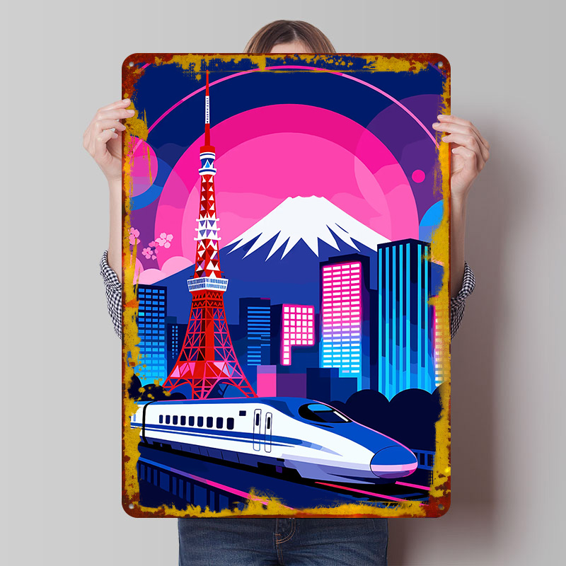 Retro Gaming Tokyo - لوحة معدنية عتيقة بتصميم منظر مدينة