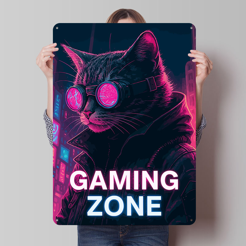 Retro Gaming Zone - لوحة معدنية مخصصة بتصميم Cyberpunk Cat