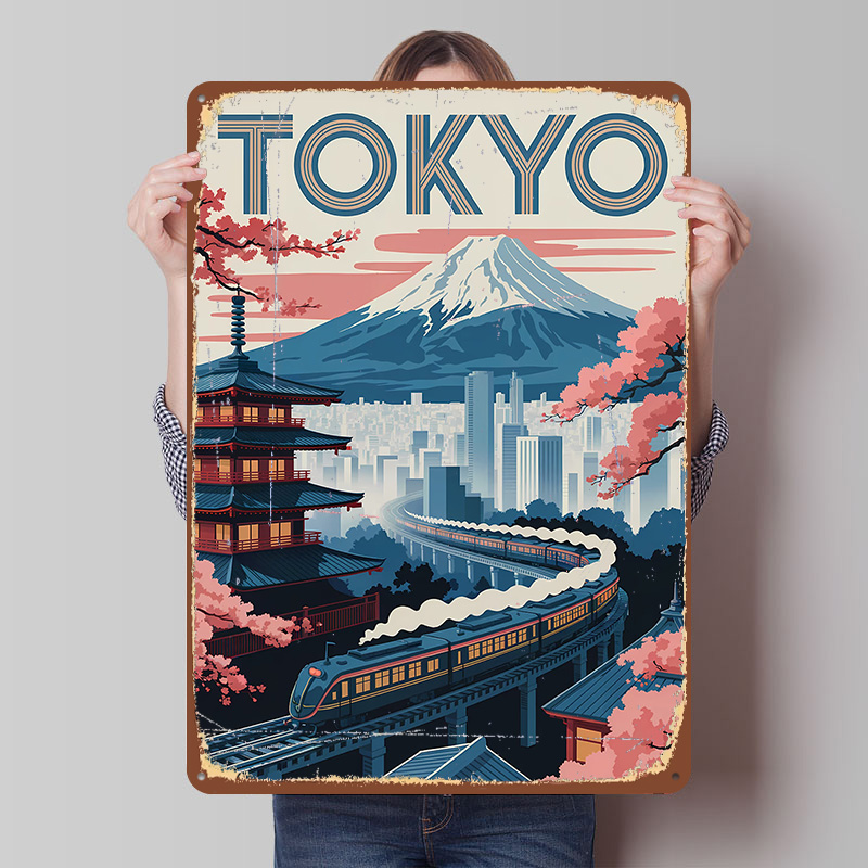 Retro Gaming Tokyo - لوحة معدنية بتصميم طوكيو للسفر بالقطار